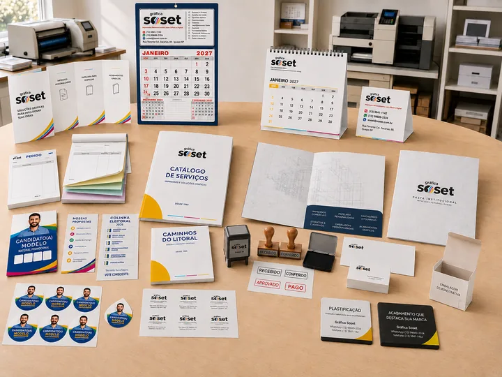 Composição de produtos gráficos personalizados da Gráfica Soset